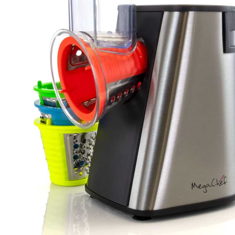 Megachef 4 in 1 Stainless Steel Electric Salad Maker, Salad Shooter, Shredder, Slicer, Chopper, Shooter with One-Touch Control and Attachments