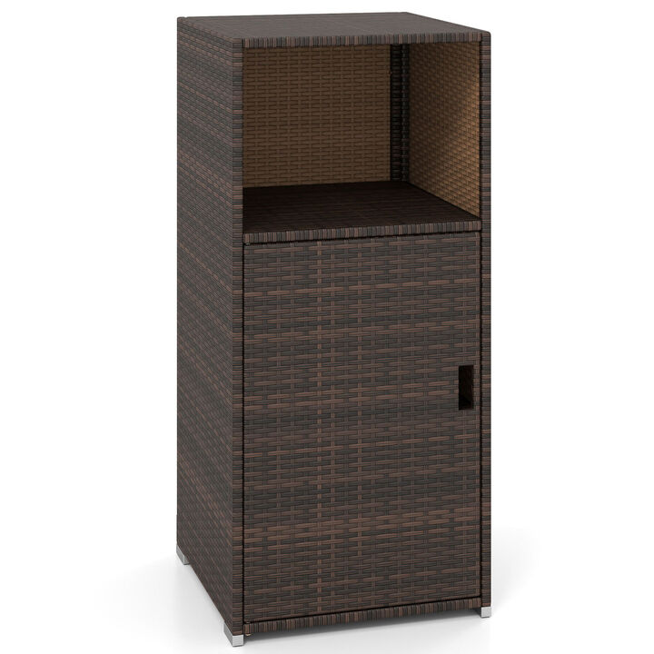 Outdoor PE Wicker Storage Cabinet with Door and Open Shelf Compartment for Patio Organization