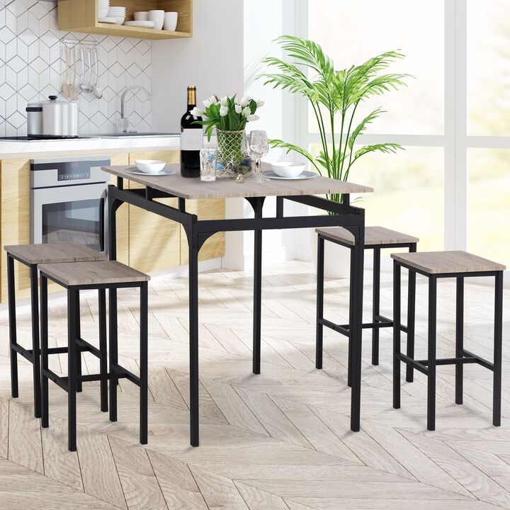 5 Piece Modern Dining Table and 4 Stools Industrial Dining Set with Footrest & Metal Legs, For Kitchen, Natural Wood