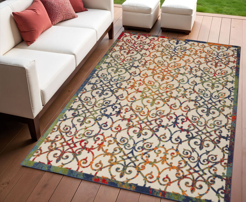 HomeRoots 4' X 6' Ivory Blue Orange And Green Trellis Indoor Outdoor Area Rug image number 1