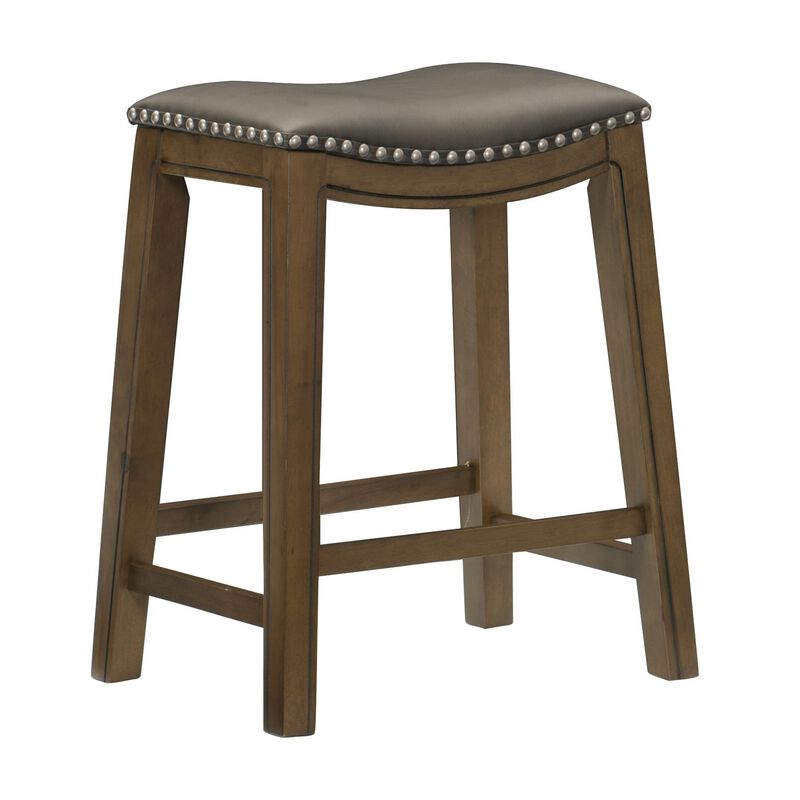 Miel 26 Inch Counter Height Stool, Gray Faux Leather Seat, Brown Solid Wood