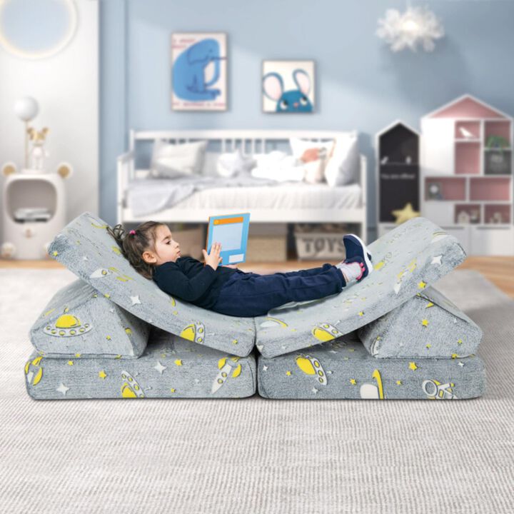 Hivvago 6 PCS Kids Play Couch with 4 Base Cushions and 2 Backrest Cushions-Gray