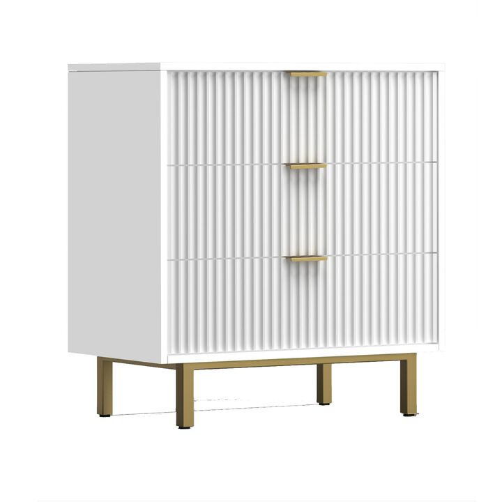 Beth 34 Inch 3 Drawer Small Dresser Chest, Mahogany Wood, White, Gold - Benzara