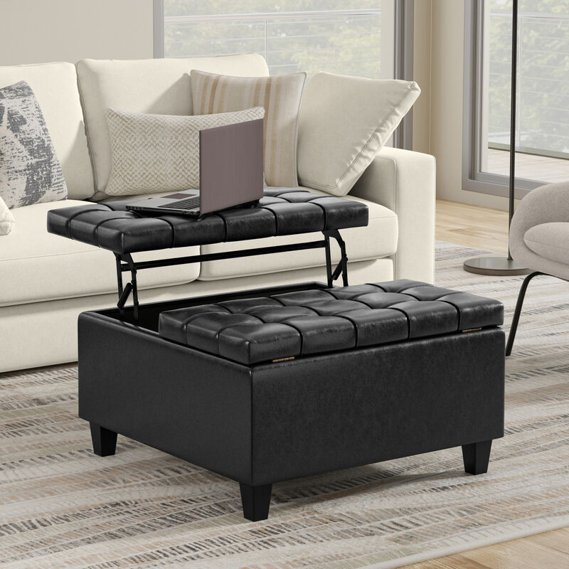 Harrison 30 inch Wide Transitional Square Small Coffee Table Storage Ottoman in Distressed Black Vegan Faux Leather, Assembled image number 1