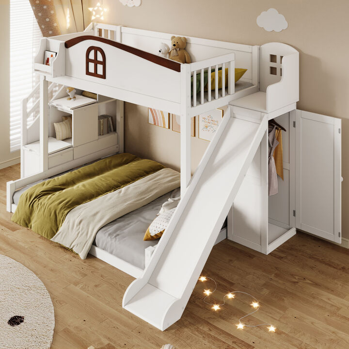 Merax Twin over Full Bunk Bed with Storage Staircase, Shelf, Slide & Wardrobe