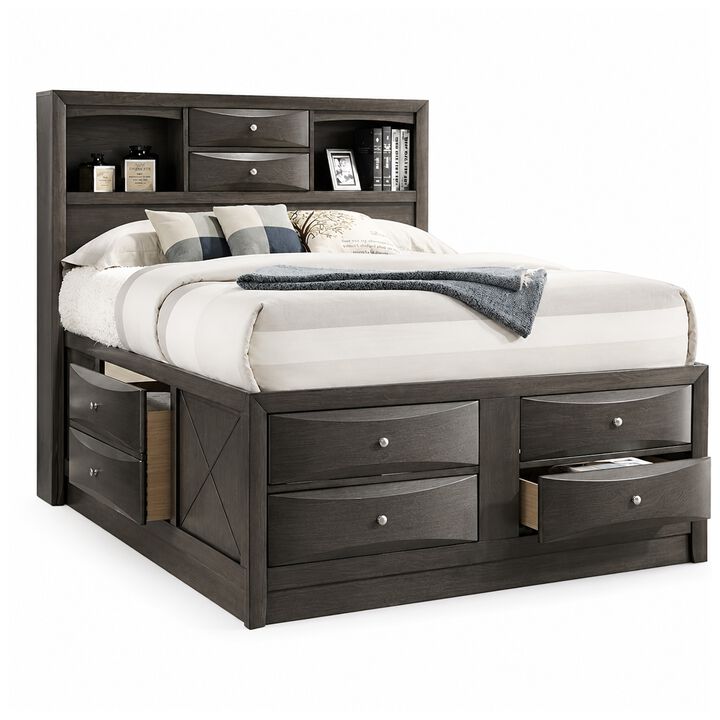 Simo 4pc Queen Bedroom Set w Bookcase Headboard w Drawers, Gray