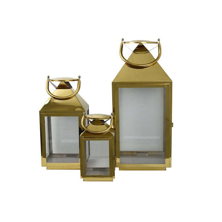 Davi Set of 3 Decorative Lanterns, Curved Handles, Glass Panel, Brass Metal - Benzara