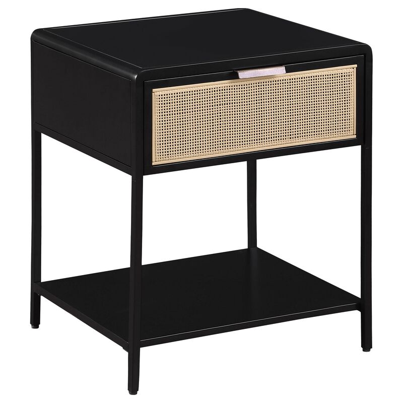 Lanie Bedside Table with Drawer and Open Shelf, PE Cane, Black Metal