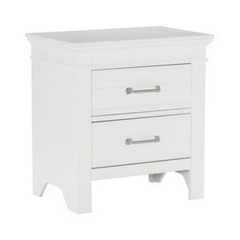 Candy 25 Inch Nightstand, 2 Drawers, Nickel Bar Handles, White Solid Wood - Benzara