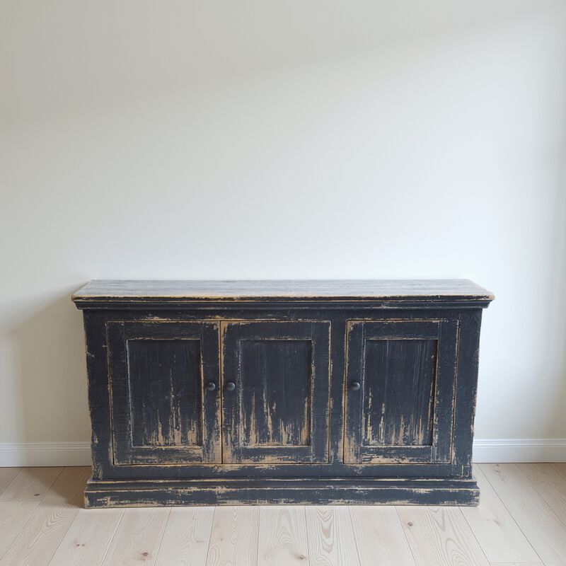 Miy Sideboard Buffet Cabinet, 3 Door, Antique Black Pine Wood 65 Inch