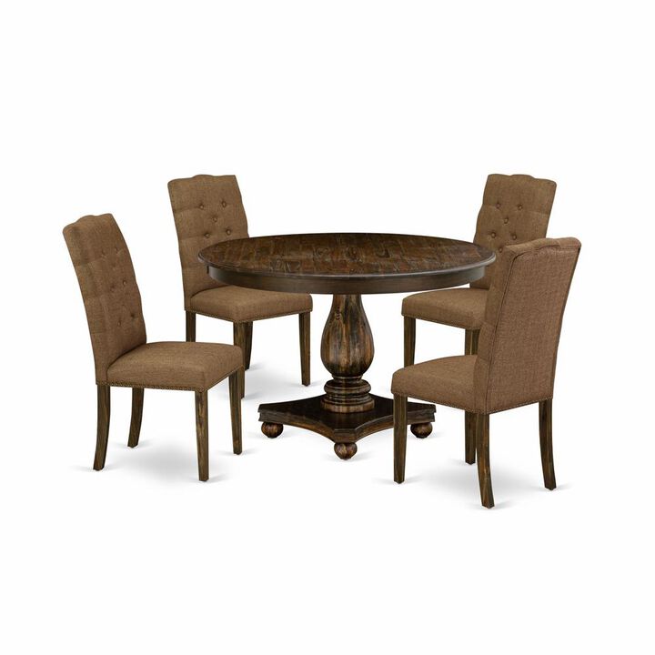 East West Furniture 5 Piece Table Set Consists of a Dining Room Table and 4 Brown Linen Fabric Mid Century Chairs with Button Tufted Back - Distressed Jacobean Finish