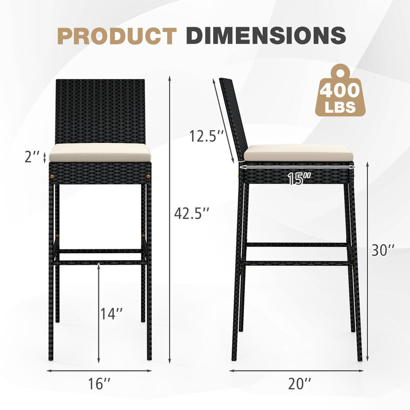 Set of 2 Wicker Barstools with Ergonomic Backrest for Patio or Balcony