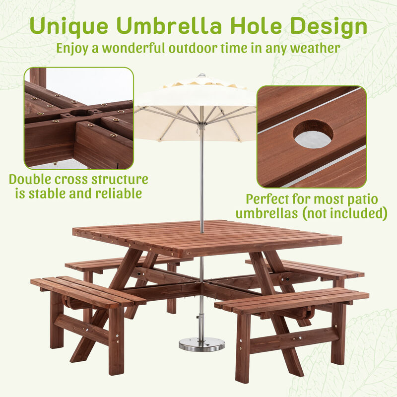 WOW PIONEER 8-Person Square Outdoor Picnic Table with Umbrella Hole Waterproof Sturdy Cross Structure Dining Set for Backyard Garden Camping Easy Clean image number 5