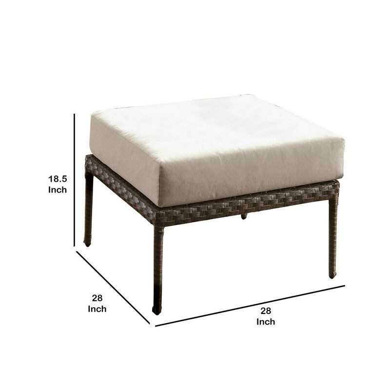 Faux Wicker Patio Ottoman with Fabric Box Cushion, Gray and Beige-Benzara