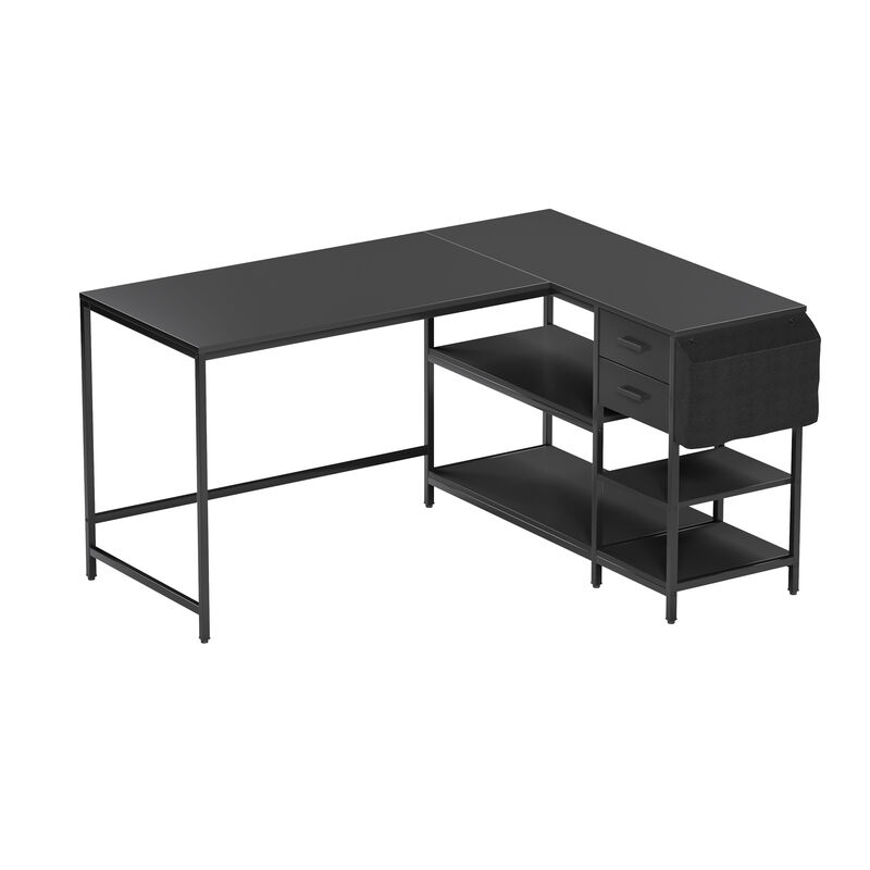 HomeRoots 55" Black Wood and Stainless Steel L Shape Computer Desk With Two Drawers image number 0