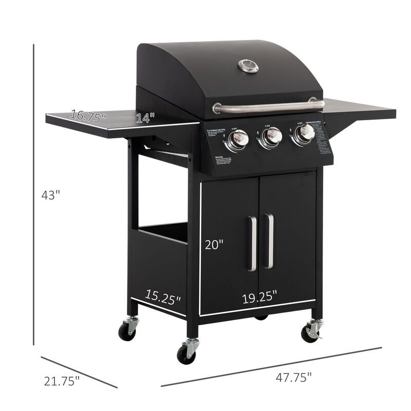 Outsunny 3 Burner Gas Grill, Outdoor Portable Propane Grill with Wheels, Carbon Steel Barbecue Trolley with Warming Rack, Side Shelves, Storage Cabinet, Thermometer, Black