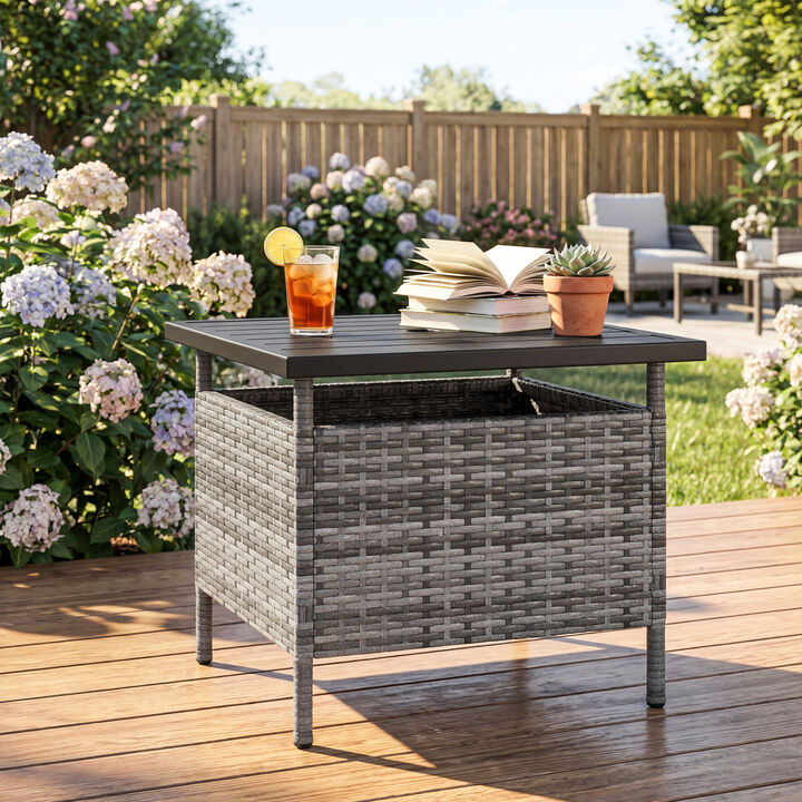 Patio Square Wicker Side Table with Umbrella Hole for Yard