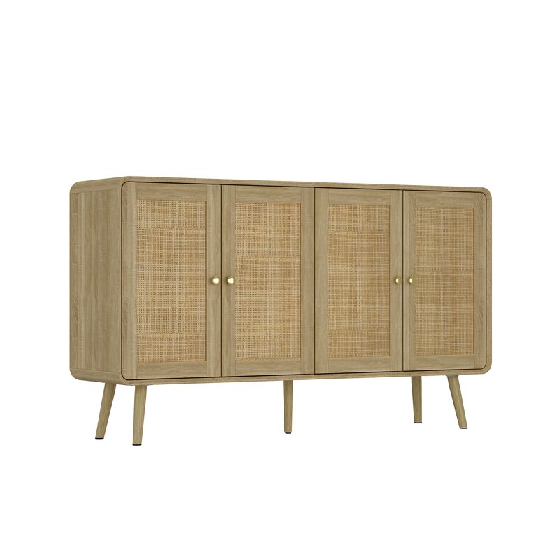 FUFU&GAGA Rattan Bookshelf, Modern Storage Cabinet with 4 Doors, Gold Handles & Solid Wood Legs, Freestanding Bookcase for Home Office, Study Room & Living Room (55.1" W x 32.1" H x 13.9" D), Natural Wood