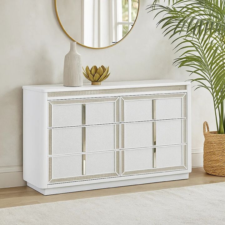 Canaal Wide Dresser, 6 Drawer, White Solid Wood, 64 Inch, LED Light