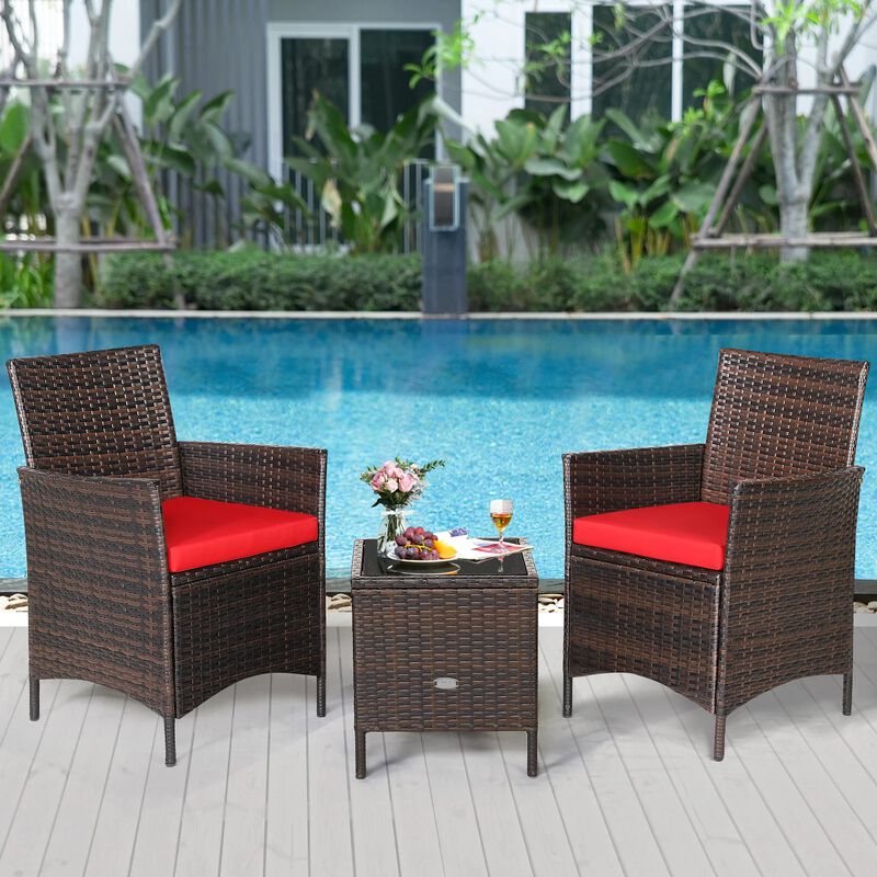 Mondawe 3 Pieces Patio Cushioned Rattan Converstaion Set With Glass Table Top