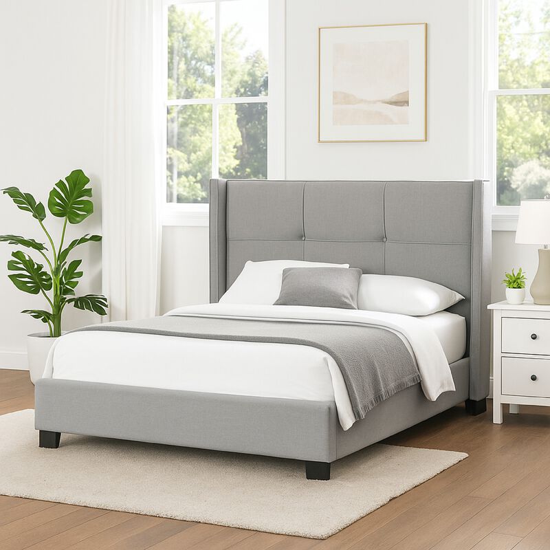 Bea Queen Size Bed with Storage Footboard, Gray Faux Linen Upholstery
