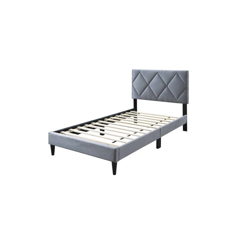 Poundex Adjustable Diamond Tufted Headboard Twin Bed Frame in Gray Velvet