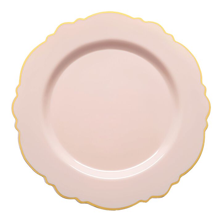 10.25" Pink with Gold Rim Round Blossom Plastic Dinner Plates (120 Plates)