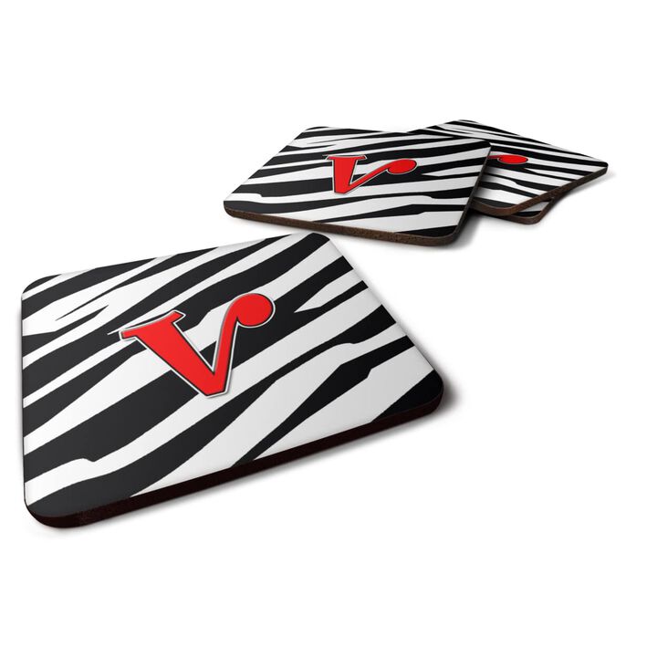 Caroline's Treasures CJ1024-VFC Monogram-Zebra Red Foam Coasters (Set of 4), Initial Letter V, 3.5 H x 3.5 W, Multicolor
