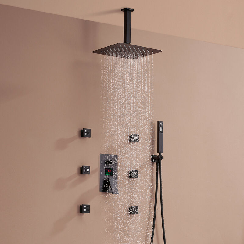 Mondawe Temperature Digital Display 3 Functions Wall Mounted Thermostatic Shower System with 6 Body Jets and Rough-in Valve in Brushed Gold