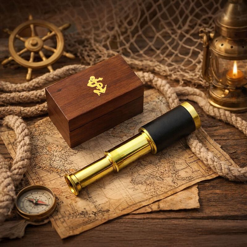 Small Brass Nautical Telescope with Pull-Out Wooden Box in Gold and Brown Finish image number 8