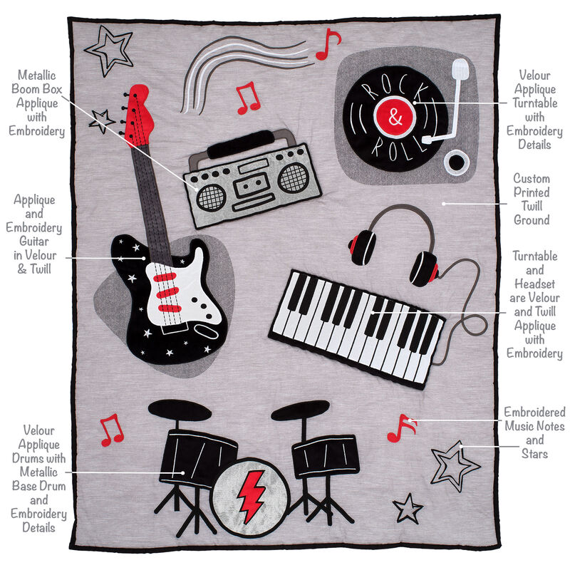 Lambs & Ivy Rock Star Musical Instruments 3-Piece Baby Crib Bedding Set - Gray