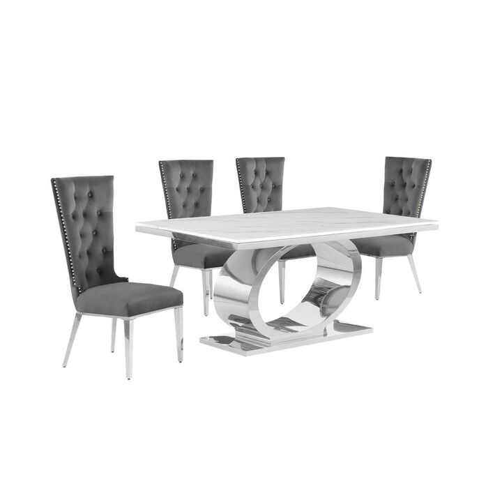 5pc Small(68") marble top dining set with silver base and 4 Dark grey chairs