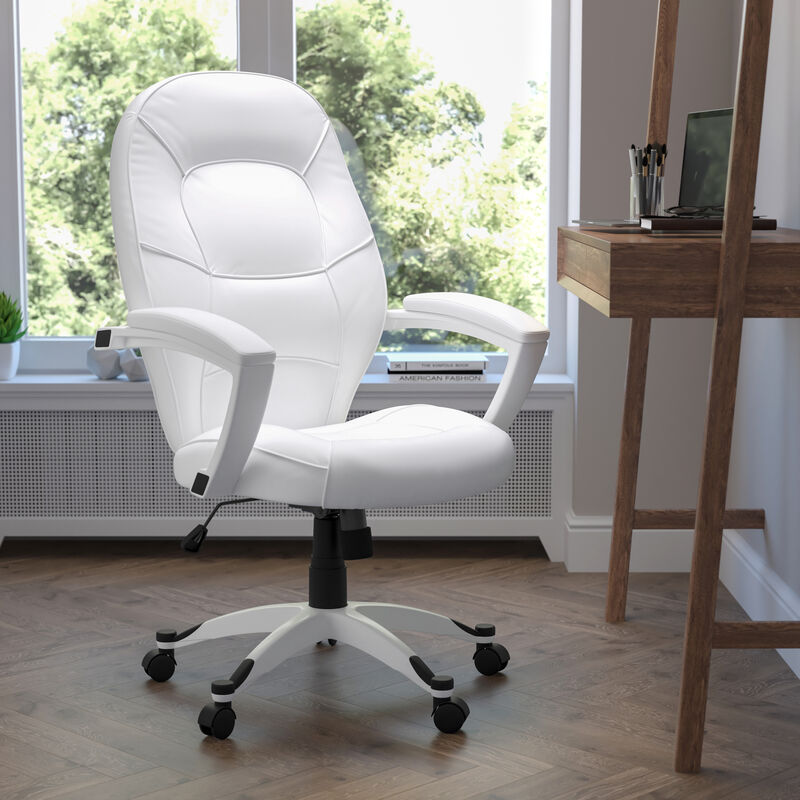 Quincey Mid-Back White LeatherSoft Tapered Back Executive Swivel Office Chair with White Base and Arms image number 1