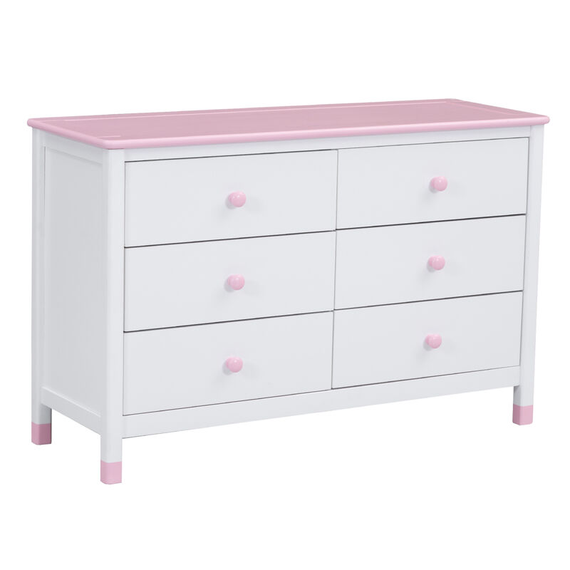 Wooden Storage Dresser with 6 Drawers, Storage Cabinet for kids Bedroom, White+Pink