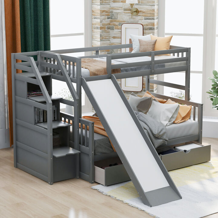 Twin over Full Bunk Bed with Drawers, Storage and Slide, Multifunction, White