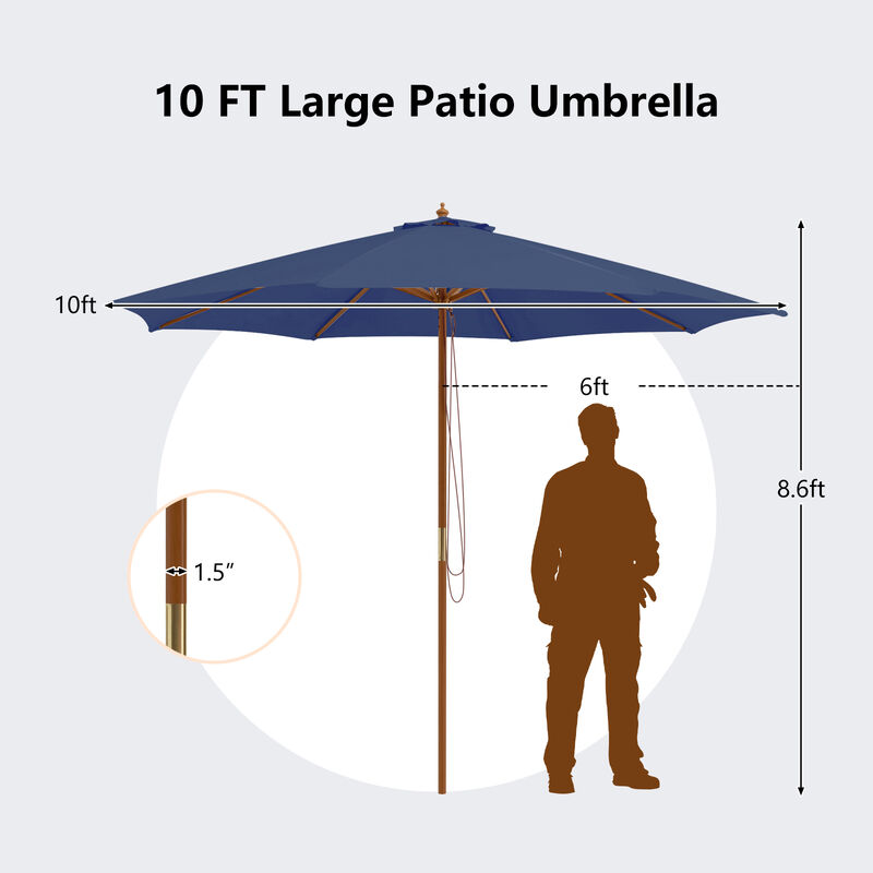 Patio Umbrella with 8 Wooden Ribs and 3 Adjustable Heights