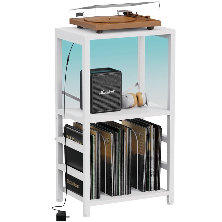 YAKANJ End Table with LED Light,Record Player Stand with Albums Storage,Vinyl Records Storage,Turntable Stand Side Table for Mus