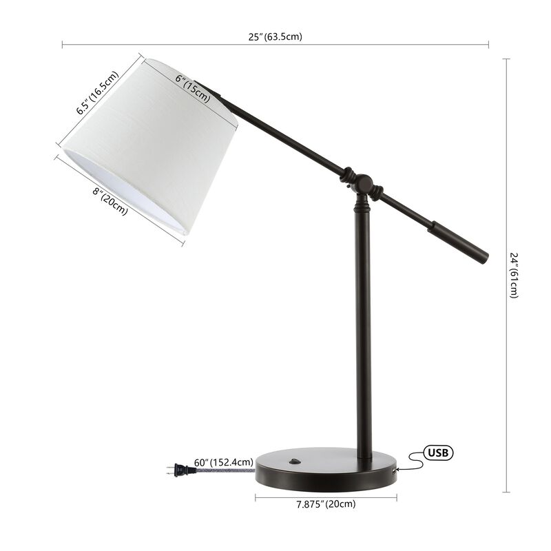 Troy 24" Classic Contemporary Iron LED Task Lamp with USB Charging Port, Oil Rubbed Bronze