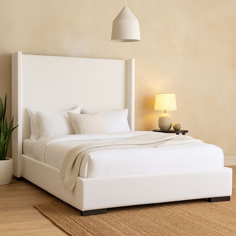 Boa Queen Size Bed w Vintage Wing Headboard, White Linen Upholstery image number 5