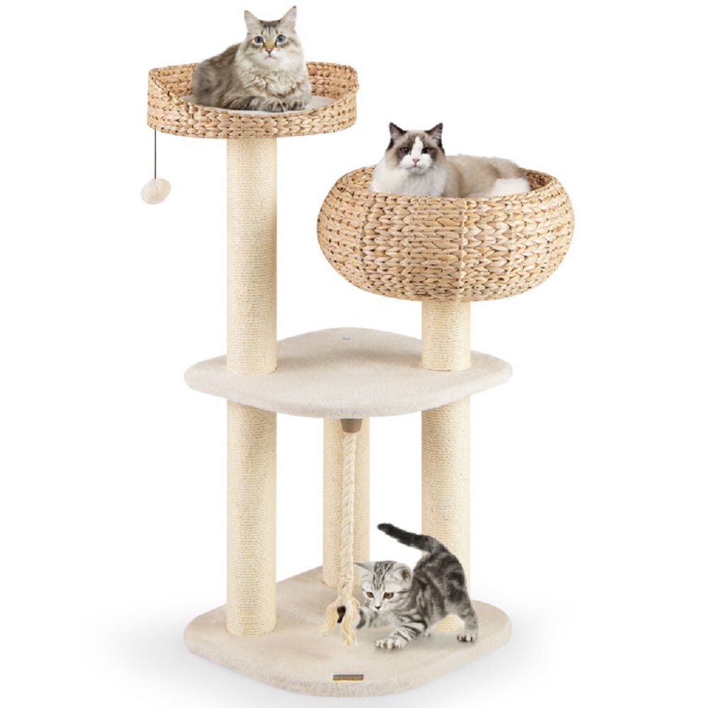 Modern Rattan Cat Tree with Elevated Napping Perch - Stylish Cat
