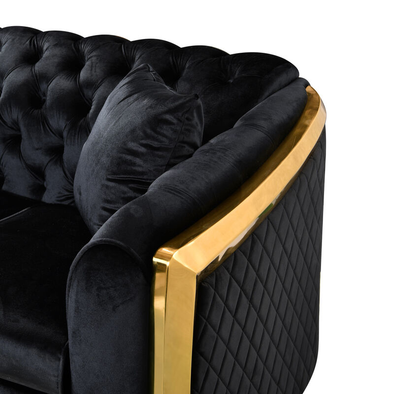 Tufted Velvet Sofa Set, Black with Gold Stainless.