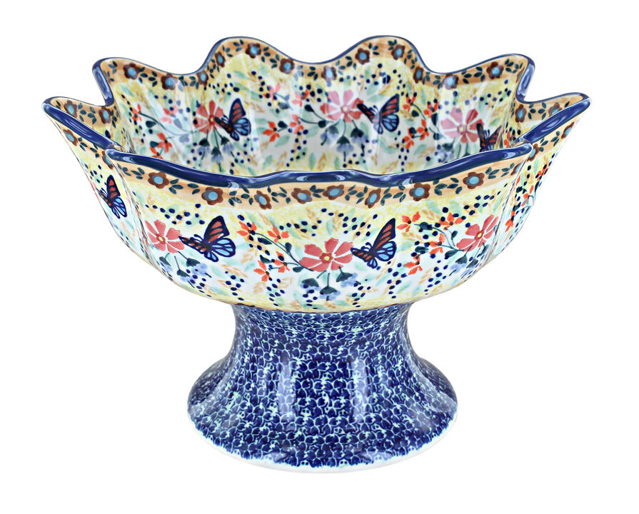 Blue Rose Polish Pottery Blue Violet Pedestal Fruit Bowl