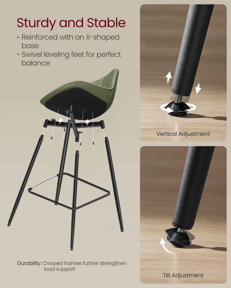 Set of 2 Bar Height Stools &ndash; Modern Tall Chairs with Back Support & Sturdy Base for Home Bar or Countertop