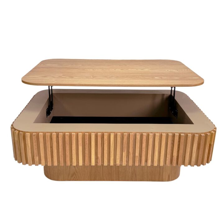 Rectangular lift top coffee table Coffee table with hidden storage and soft close Fluted MDF and solid wood veneer coffee table