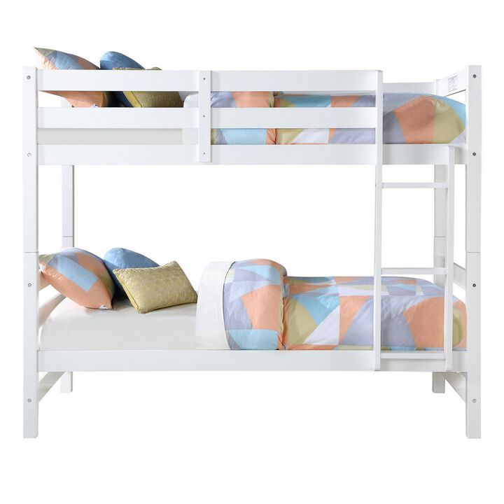 Wooden Twin Over Twin Bunk Bed with Attached Ladder, White-Benzara