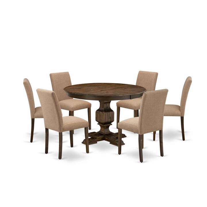 East West Furniture 7 Piece Dining Room Table Set Contains a Wooden Dining Table and 6 Light Sable Linen Fabric Kitchen Chairs with High Back - Distressed Jacobean Finish