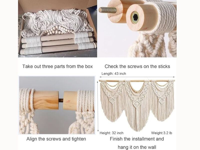 Large Macrame Wall Hanging – Handmade Boho Tapestry with Wooden Beads for Bedroom & Living Room