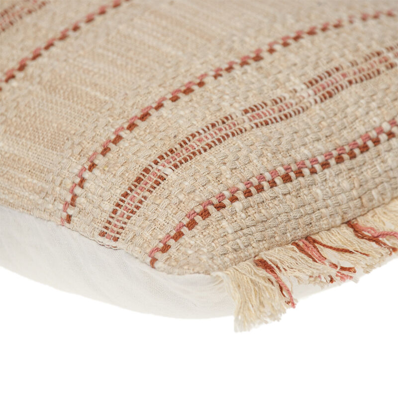 HomeRoots 14" X 20" Beige and Pink Striped Cotton Throw Pillow With Fringe image number 3