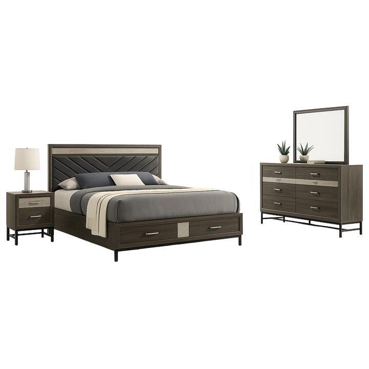 Lito 4pc Complete Queen Bedroom Set, Gray Upholstery, Footboard Drawers