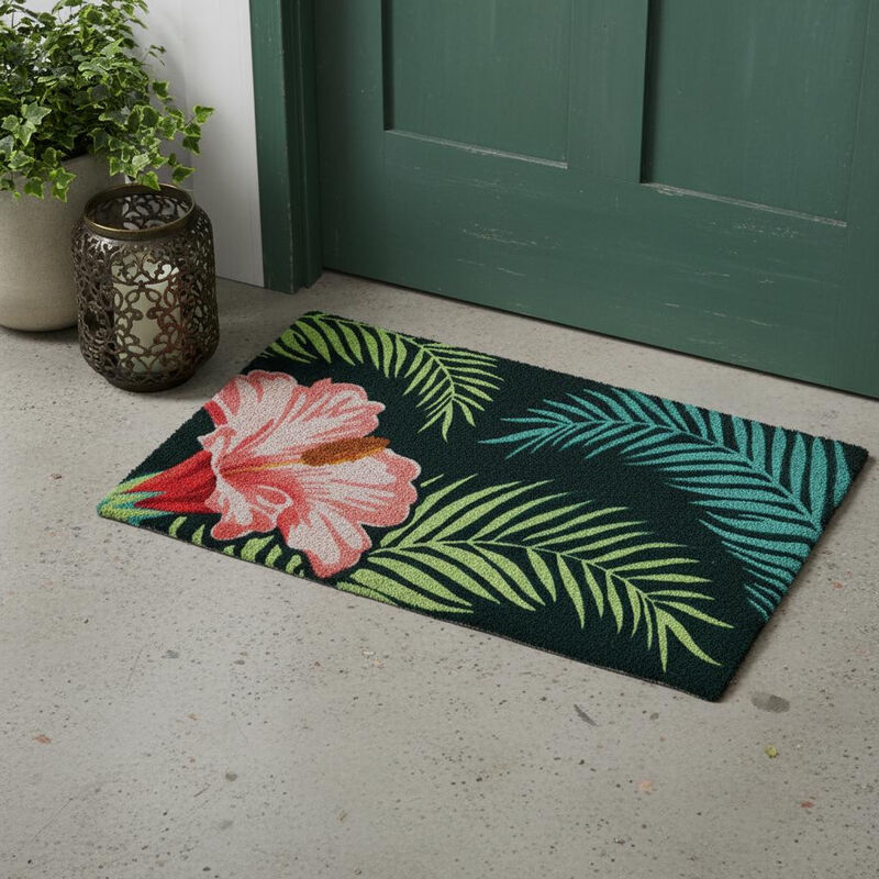 HomeRoots 18" X 30" Blue and Pink Coir Tropical Outdoor Door Mat image number 1
